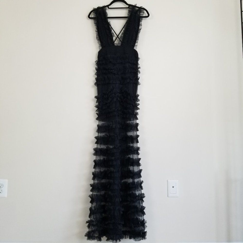 Kikiriki Elbise Long Sheer Ruffled Dress Black New